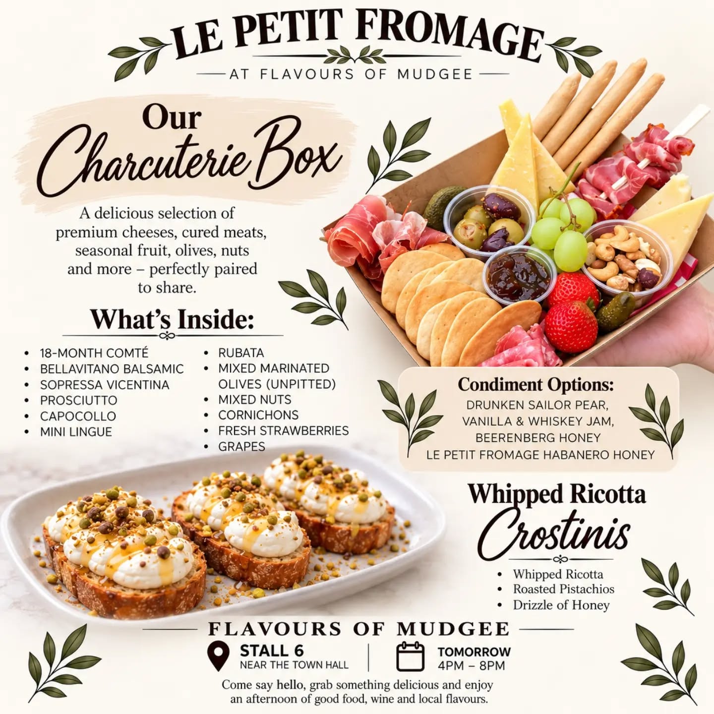 Flavours of Mudgee, we’re coming for you! 🧀

Come and find Le Petit Fromage at Stall 6, near the Town Hall, tomorrow from 4pm–8pm.

Come say hello, grab something delicious and enjoy an afternoon of good food, wine and local flavours. 🤍

📍 Stall 6 – near the Town Hall
⏰ 4pm–8pm

See you in Mudgee! 🧀

#LePetitFromage #FlavoursOfMudgee #Mudgee